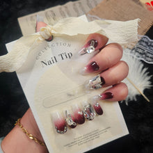 Load image into Gallery viewer, Luxury bordeaux and translucent ombre press-on nail set with crystals.