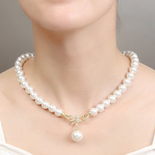 Load image into Gallery viewer, Chic Elegance Pearl Necklace Set with Gold-Tone Bow Pendant and Crystal Accents