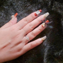Load image into Gallery viewer, Autumn Chic Red theme Handcrafted Mid-Length T Press-On False Nails with Ribbon Accent