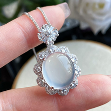 Load image into Gallery viewer, 18K White Gold Plated 925 Sterling Silver Natural Chalcedony Jade Flower Pendant