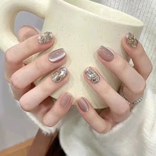 Load image into Gallery viewer, 24pcs Reusable Short 3D Floral Rhinestone Stick-on/press on/ False Nails