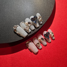 Load image into Gallery viewer, High-quality, reusable press-on nails featuring stunning pearl and sapphire charms, designed for an effortlessly chic look