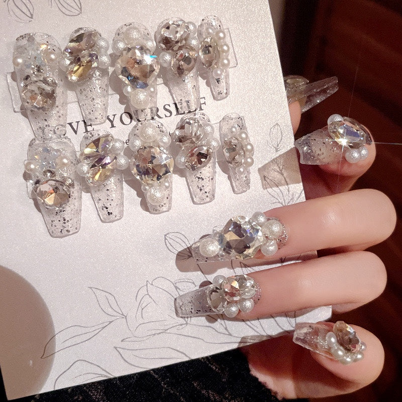 Moonlight Splendor Press-On Medium Length Nails with Opulent Gems
