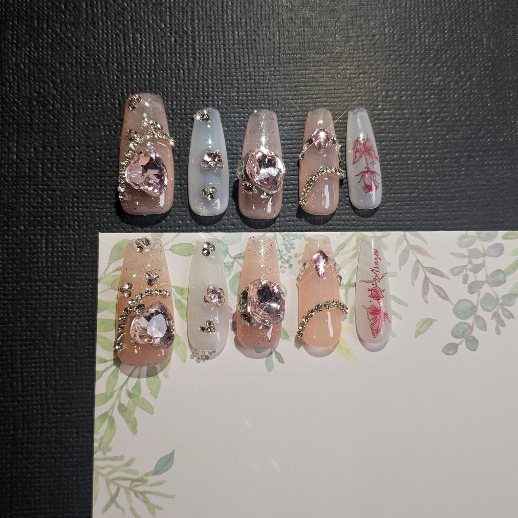 Bubblegum Blossom Long T Press-On Nails with Crystal Embellishments