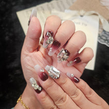Load image into Gallery viewer, Crystal-embellished Bordeaux Elegance press-on nails for sophisticated style.
