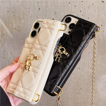Load image into Gallery viewer, Geometric Pattern PU Lambskin Flap Case - With Pendant Charm and Chain for iPhone 12/13/14 - Sophisticated Tech Accessory

