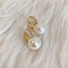 Load image into Gallery viewer, Lustrous Allure: 14mm Bright White Pearl Earring Adorned with Shimmering CZ Ear Hood
