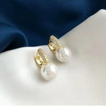 Load image into Gallery viewer, Golden Glow Elegance: 14mm Luminous Pearl Earring with Sparkling CZ Ear Hood
