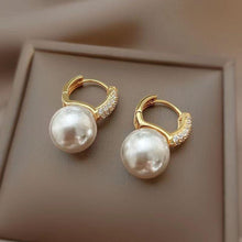 Load image into Gallery viewer, Lustrous Allure: 14mm Bright White Pearl Earring Adorned with Shimmering CZ Ear Hood
