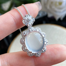Load image into Gallery viewer, 18K White Gold Plated 925 Sterling Silver Natural Chalcedony Jade Flower Pendant
