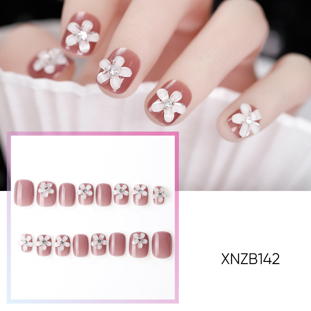 24pcs Reusable Short 3D Floral Rhinestone Stick-on/press on/ False Nails