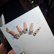 Cargar imagen en el visor de la galería, Pink Elegance Handmade Extra Long T Press-On Nails with Pearls and Crystals
