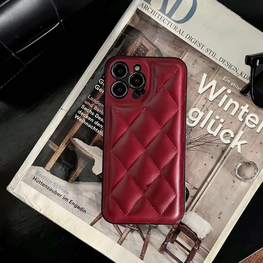 Rhombus burgundy Designer Pattern PU LambSkin Style Phone Case - Handmade Customize case for iPhone12/13/14