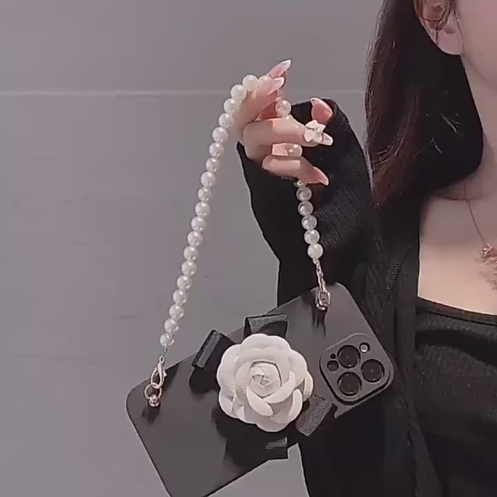 Funda DIY Chanel Camellia inspried iphoe12/iphone12pro/iphone12 pro max con pulsera/correa de perlas reemplazables