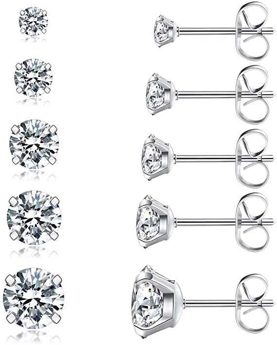5 Pairs Round-cut Created Diamond Stud Earrings Solitaire 3-8mm