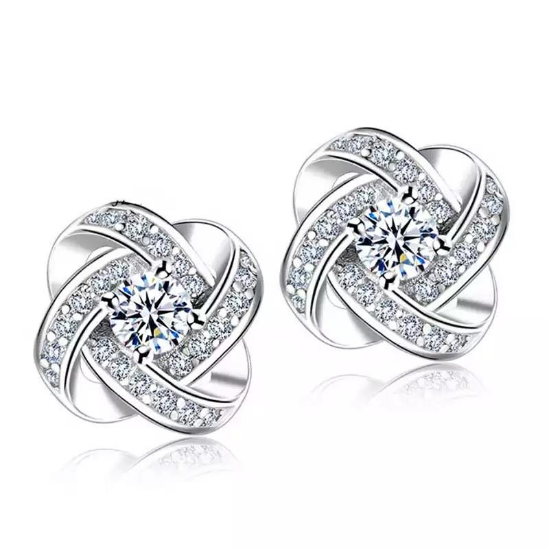 925 Sterling Silver and Diamond Simulant Love Knot Earrings